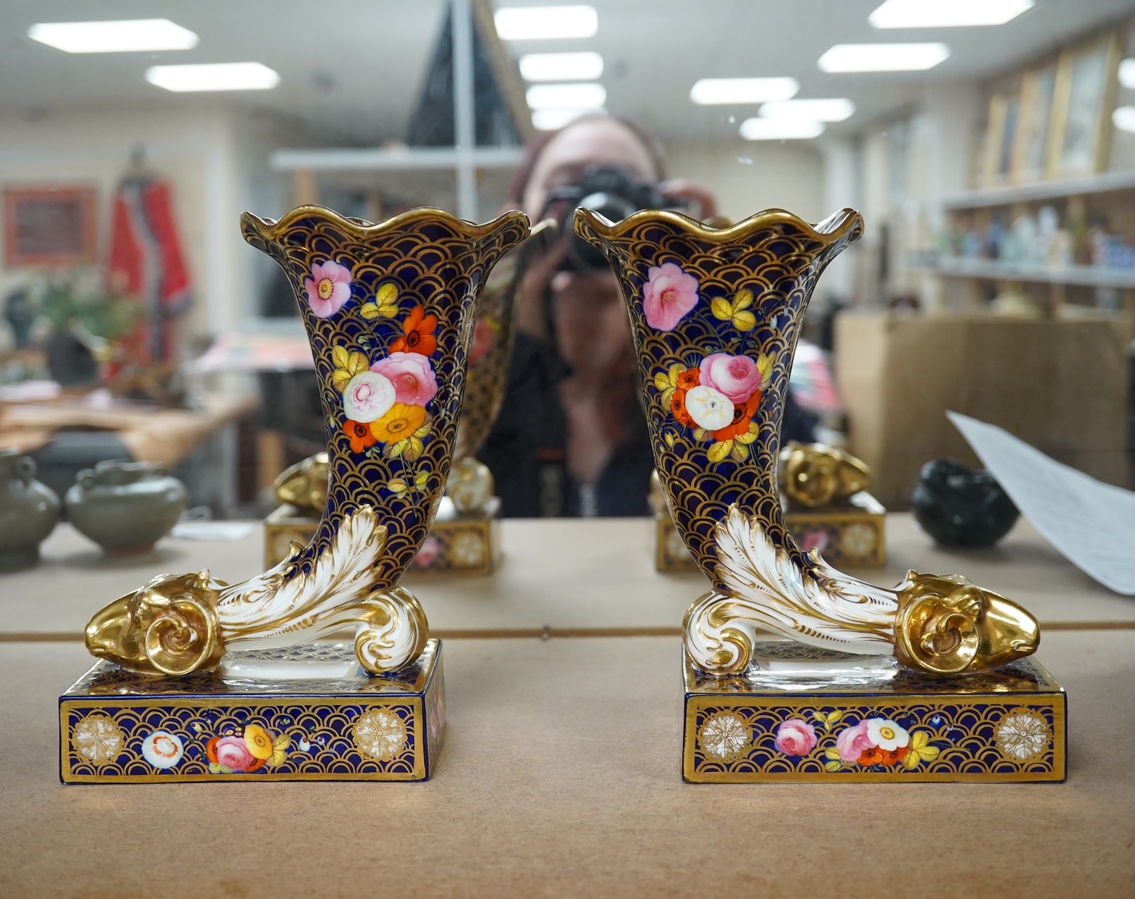 A pair of Spode-type cornucopia vases, 18cm high (a.f.). Condition - restored